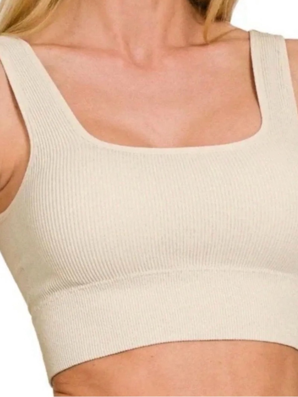 Zenana Ribbed Square Neck Crop Tank Top Sand Beige New! Size S M
